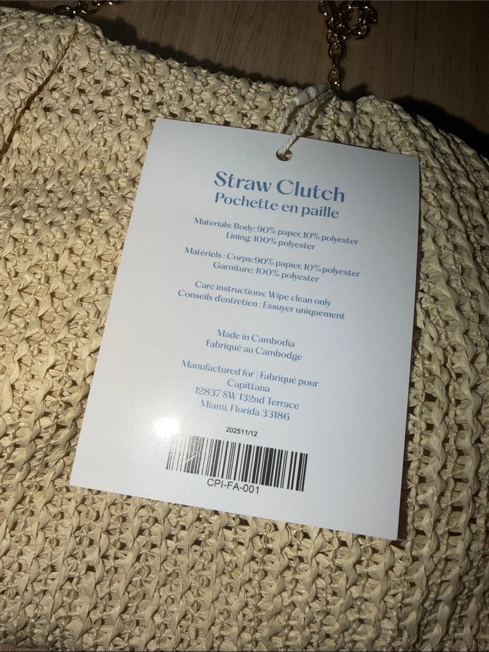 Capittana Woven Straw clutch Chain-Handle Shoulder Bag in Beige NWT